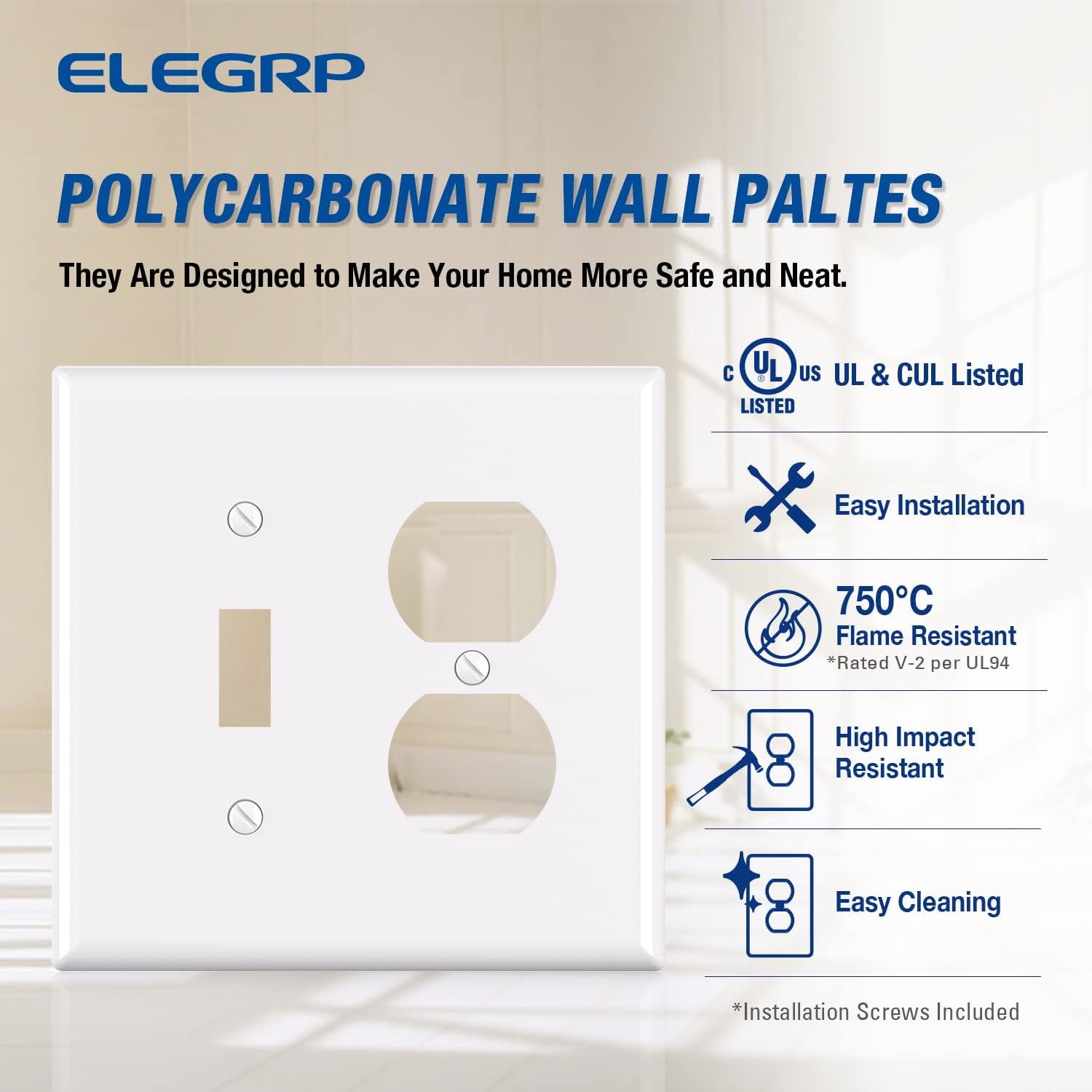 Combination Wall Plate ELEGRP 1-Toggle Light Switch 1-Duplex Receptacle Outlet Combination Wall Plate Cover, Mid-Size 4.88" x 4.94" Unbreakable Thermoplastic Faceplate Cover, UL Listed (1 Pack, white)