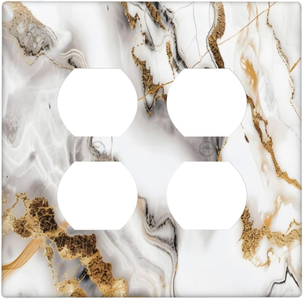 Luxurious Marble Abstract White Gold Tile Modern Simplicity Outlet Covers 2 Gang Double Duplex Decorative Light Switch Covers Electrical Wallplates Socket Faceplate for Bathroom Kitchen Decor