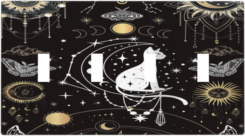 White Cat Tarot Moon Phases Moth Celestial Gothic Light Switch Covers Quad Toggle Electrical Faceplate 4 Gang Wall Plate Decorative Switch Plates Cover for Kids Room Bedroom Decor