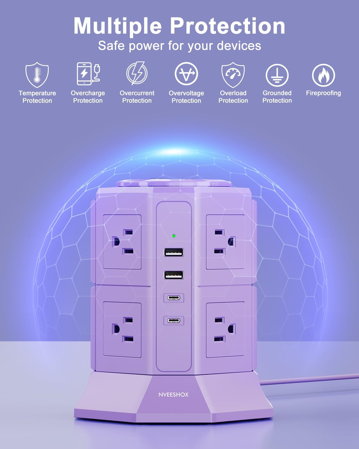 Flat Plug Power Strip Tower with 8 Outlets 4 USB Ports (2 Type C), Surge Protector Power Strip with 6.5 FT Extension Cord, Outlet Extender Charging Station with Multiple Outlets for Home Office Dorm