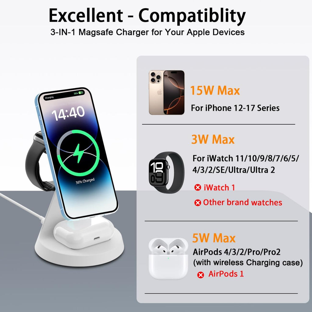3 in 1 Wireless Charging Station for Apple Magsafe Charger Stand,Fast Magnetic Wireless Charger Station for iPhone 17 Air 16 15 14 13 12 Series,Apple Watch,Airpods