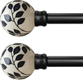 Ceramic Black Curtain Rods Set of 2 for Windows 48 to 84 Inches Adjustable Length Heavy Duty White Window Curtain Rod with Modern Leaf Pattern Decorative Finials for Bedroom Kitchen Living Room