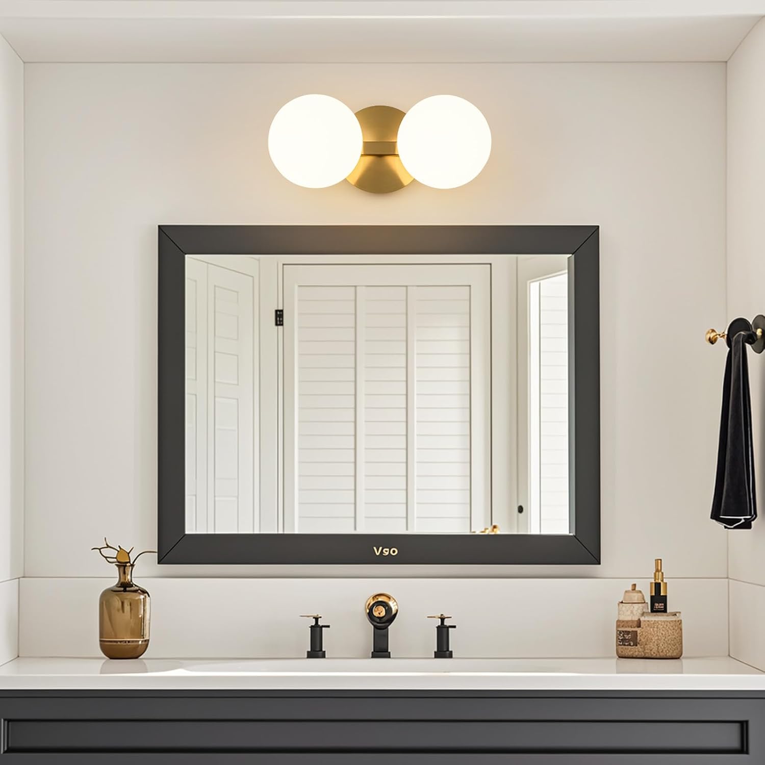Gold Bathroom Vanity Light Fixtures: Modern Wall Scones With 2 Milk Glass Shades - Globe Makeup Lighting Fixture over Mirror - Brass Ball Powder Room Vanities Lights for Hallway Bedroom Bulbs Excluded