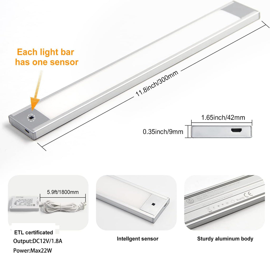 VST Hand Wave Activated Under Cabinet Lights Plug in, Closet Lights, Stepless Dimming Lighting for Kitchen Shelf Cupboard Closet Workbench (12in 3Pack 4000K)