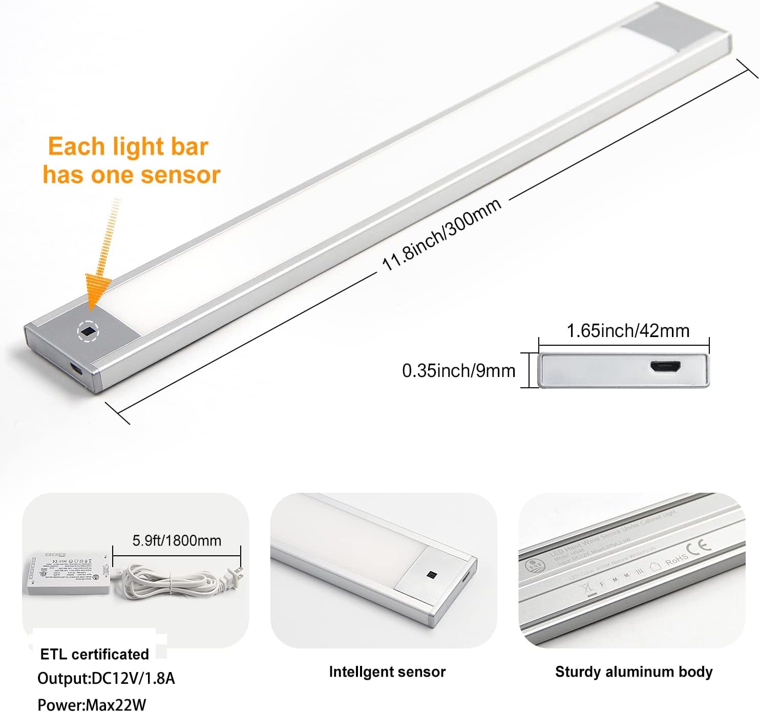 VST Hand Wave Activated Under Cabinet Lights Plug in, Closet Lights, Stepless Dimming Lighting for Kitchen Shelf Cupboard Closet Workbench (12in 3Pack 4000K)