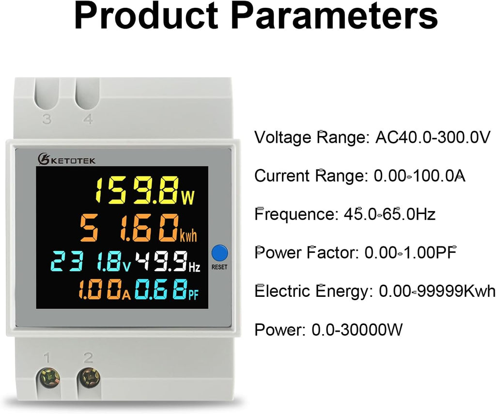 KETOTEK Single Phase Energy Meter Din Rail Electricity Usage Monitor AC 40-300V 100A Voltmeter Ammeter Watt Kwh Frequency Power Meter Built-in CT 110V