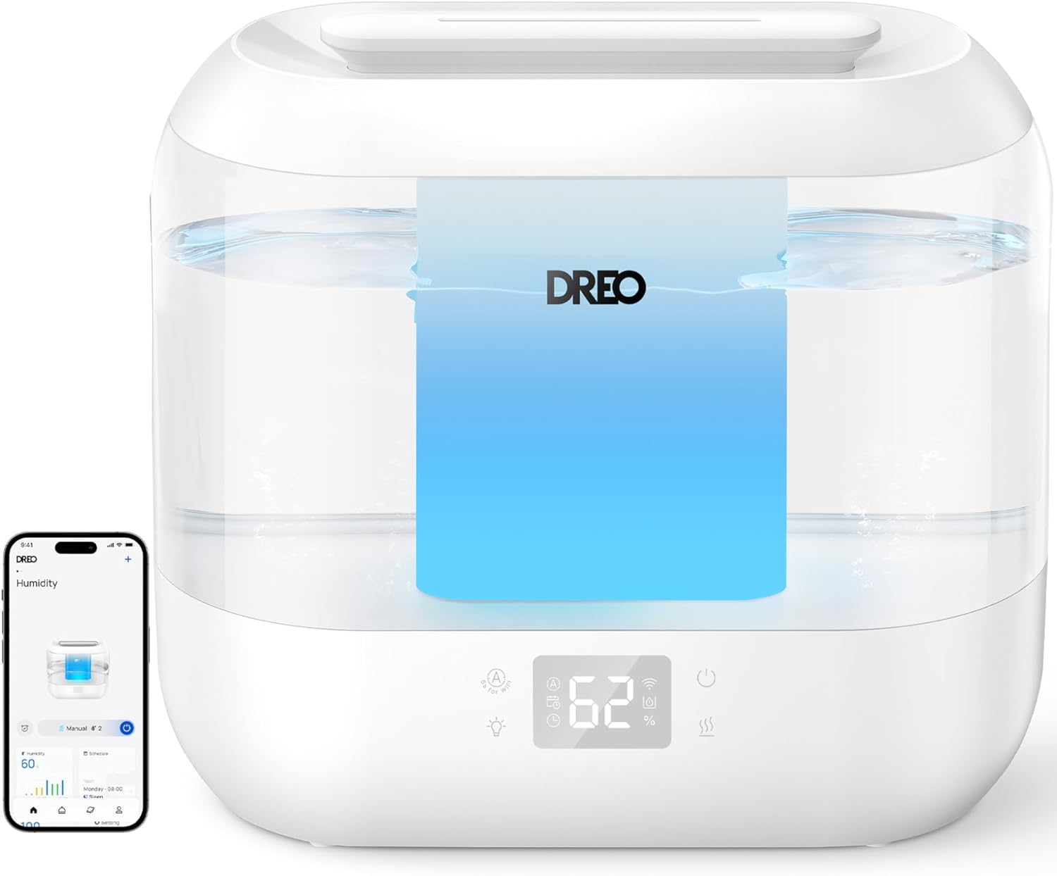 Dreo Smart Humidifier, Cool Mist Humidifiers for Bedroom, Quiet 4L Top Fill Ultrasonic Humidifiers for Home Office Plant & Baby with Nightlight, LED Display, 36H Runtime, APP/Voice Control, HM311S