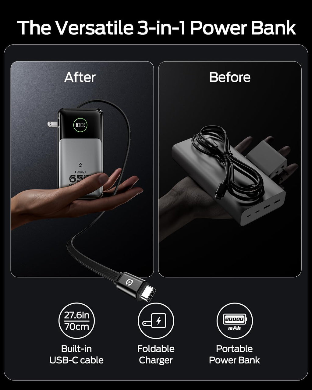MOVE SPEED Portable Charger Laptop Power Bank 20000mAh 65W, Travel Essentials Battery Pack with Built-in Retractable USB-C Cable & Wall Plug, for MacBook/iPhone 17/16/15/iPad/Galaxy/Dell/HP and More