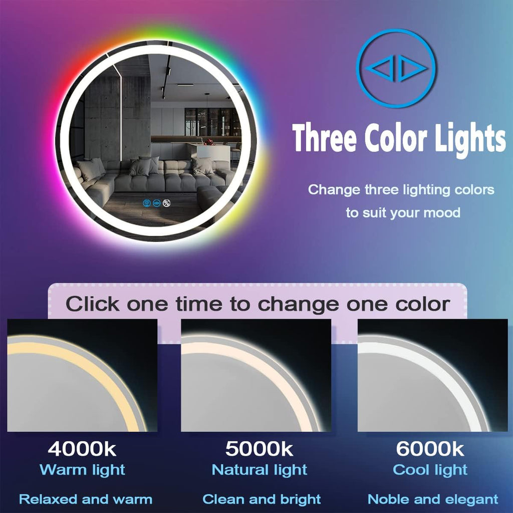 20 inches Round LED Bathroom Mirror, Wall Mounted, Front Lights (3 Colors) & RGB Backlit, Anti-Fog, Smart Light up, Circle Mirror, 20Inch Vanity Mirror, Rainbow