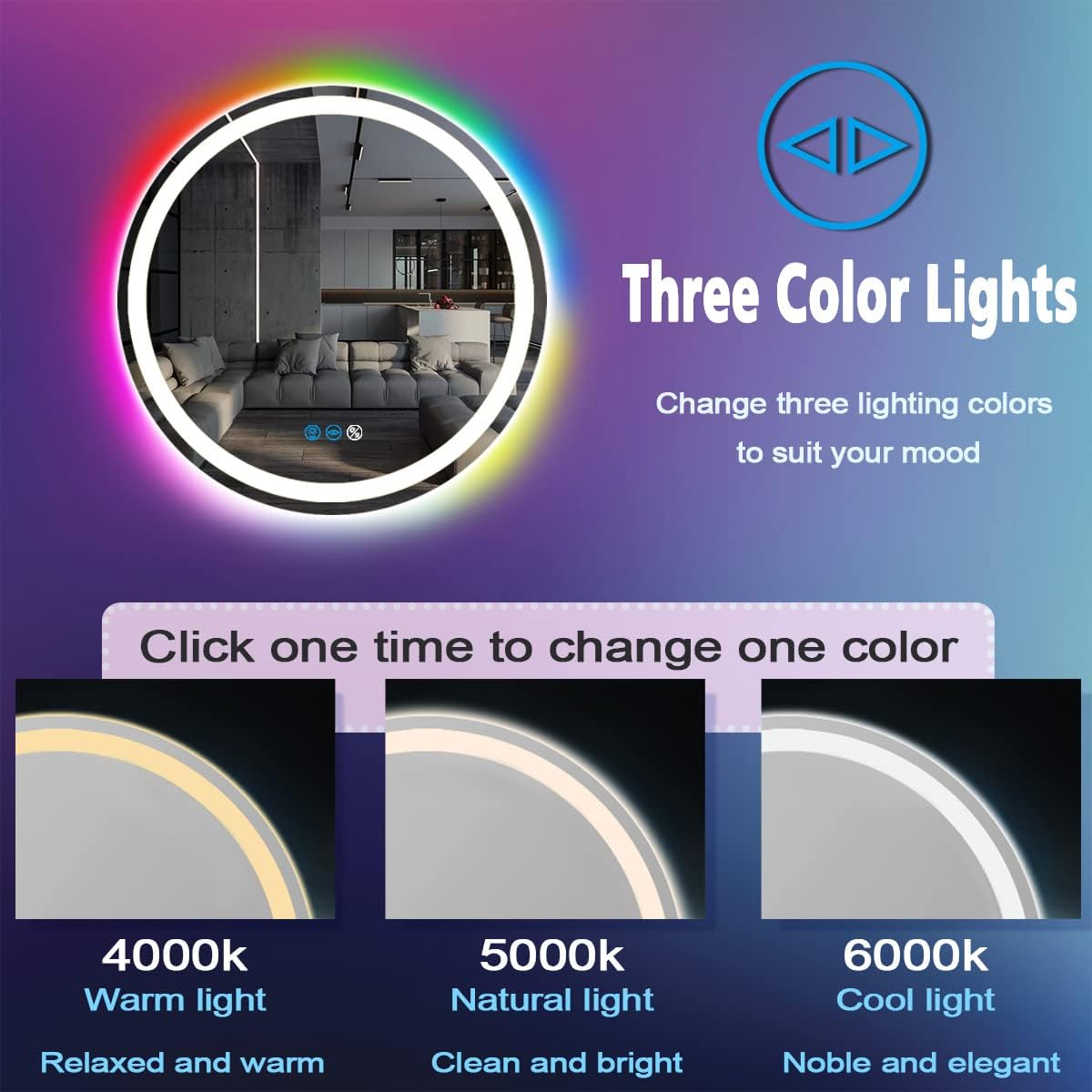 20 inches Round LED Bathroom Mirror, Wall Mounted, Front Lights (3 Colors) & RGB Backlit, Anti-Fog, Smart Light up, Circle Mirror, 20Inch Vanity Mirror, Rainbow