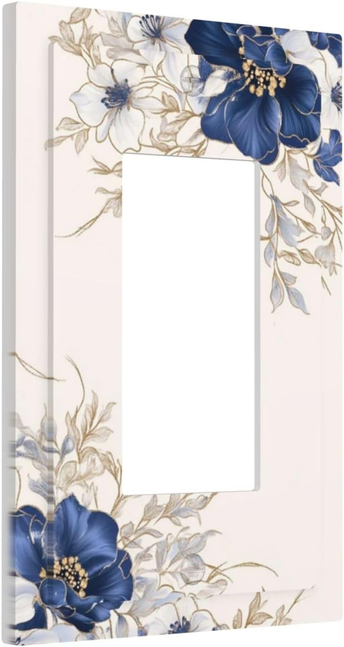 Decorative Outlet Covers Rustic Blue Beige Flower Peony Floral 1 Gang Rocker Light Switch Cover Plate Single Wall Plates for Electrical Outlets Switch Plate Covers Faceplate for Bedroom Decor