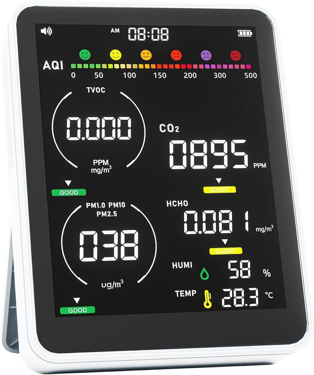 Air Quality Monitor Indoor,13-in-1 Smart Air Quality Tester with PM 2.5, CO2, TVOC, HCHO, PM1, AQI, PM10, Temperature & Humidity, Real Time Display, Battery Powered, for Home & Office (Ice White)