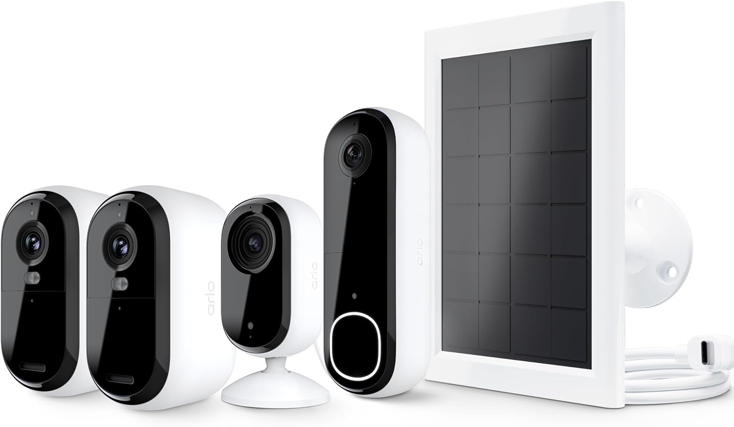 Arlo Essential Security Camera 2K Indoor/Outdoor 2 Cameras, Essential 2K Indoor 1 Camera, Video Doorbell & Solar Panel Bundle | Battery gets Charged with Solar Panels | White