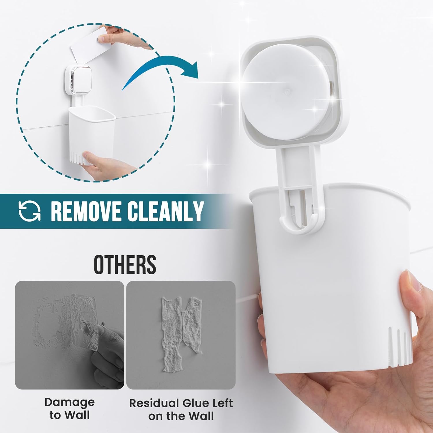 TAILI 2 Pack Suction Toothbrush Holder for Shower Wall, No Nail, No Glue! Self-draining Shower Cup for Toothpaste, Toothbrush, Kitchen Tableware, Strong Suction Cup Razor Holders for Bathroom, White