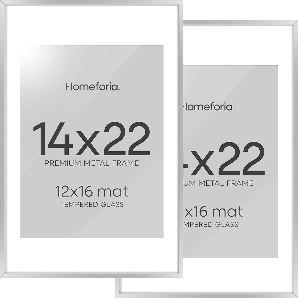 Homeforia 14x22 Picture Frame Silver, High End Metal 14 x 22 Frame with Mat 12 by 16 Photo, 14x22 Silver Poster Frame Matted to 12x16 in Print, 22x14 Hanging Frames, Tempered Glass, Wall Kit, Set of 2