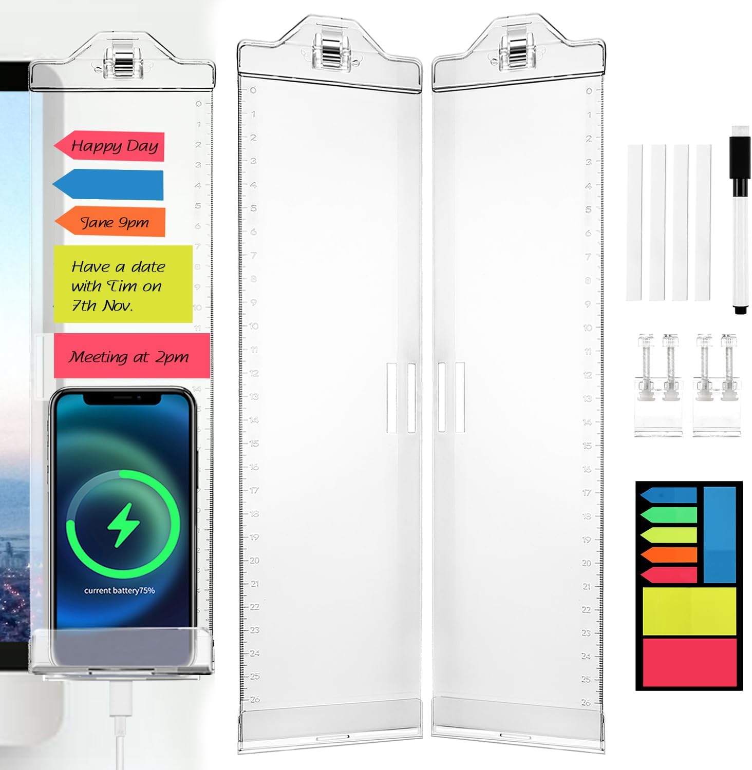 Monitor Memo Boards for Computer, Whole Transparent 2 Pack (Left & Right) Multifunction Acrylic Screen Message Reminder Pad Side Panel Phone Holder Organizer for Office Desktop, with Pen & Sticky Note