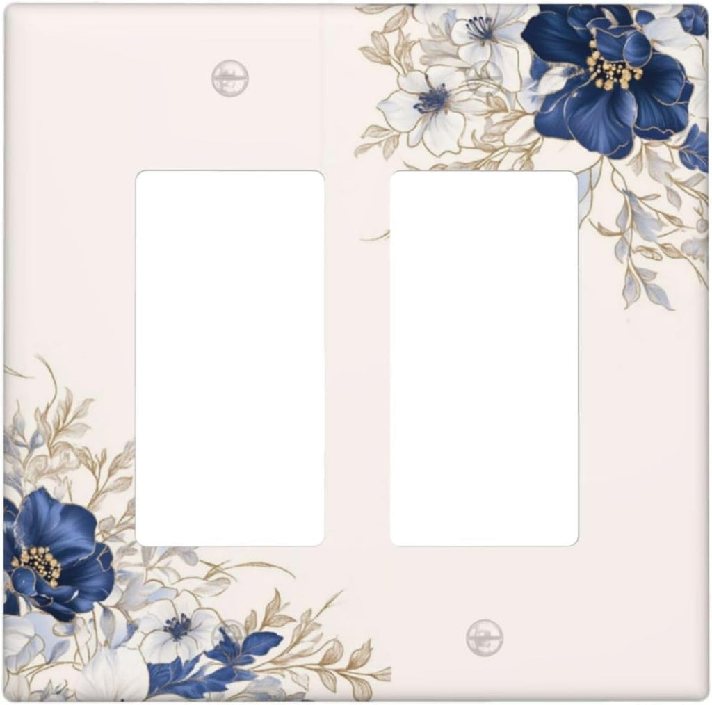Decorative Outlet Covers Rustic Blue White Flowers Floral Penoy 2 Gang Wall Plate Double Rocker Two Switch Wall Cover Plate Jumbo Dual GFCI Face Plate for Bedroom Decor