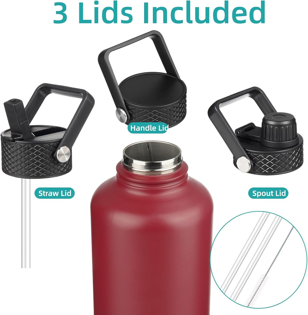 Insulated Water Bottle with Straw,50 oz 3 Lids Water Jug with Carrying Bag,Paracord Handle,Double Wall Vacuum Stainless Steel Metal Flask,Dark Red