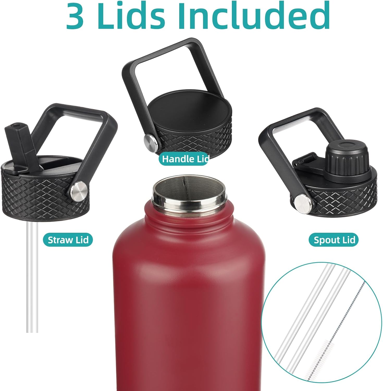 Half Gallon Insulated Water Bottle with Straw,64 oz 3 Lids Water Jug with Carrying Bag,Paracord Handle,Double Wall Vacuum Stainless Steel Metal Flask,Dark Red
