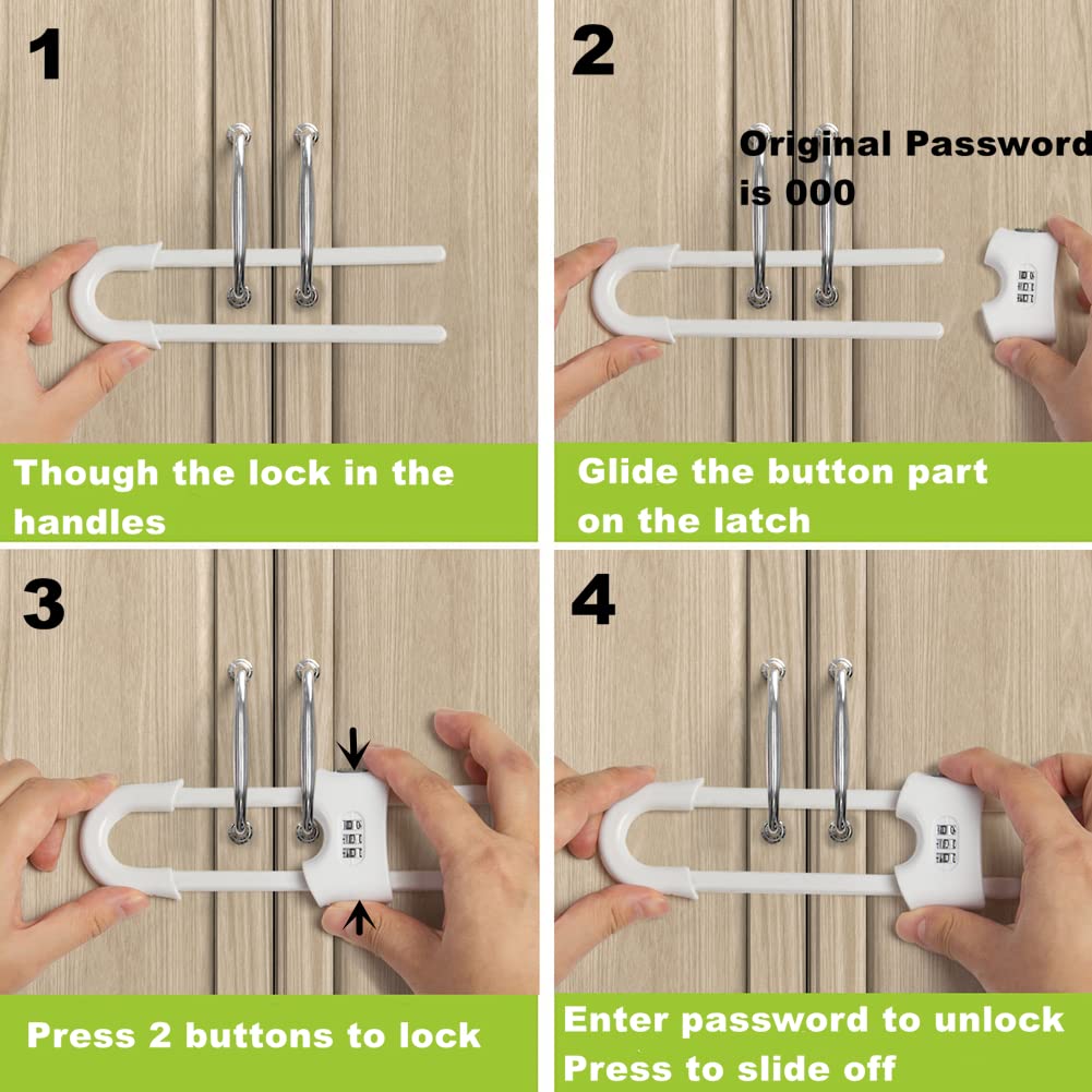 4 Pack Child Proof Sliding Cabinet Door Code Locks Baby Safety Cupboard Locks Adjustable U Shaped Cabinet Latches for Knob Handle Drawers Closet Plastic (4 PCS, White)