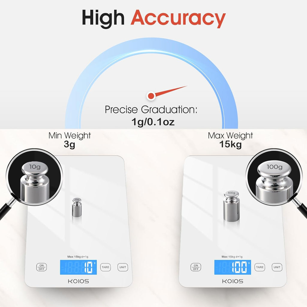 KOIOS Kitchen Scale, 33lb/15kg Digital Food Scales Weight in Grams and Ounces for Cooking Baking, 1g/0.1oz Precise Graduation, Batteries and Type-C Charging, Tare Function, LCD Display, White