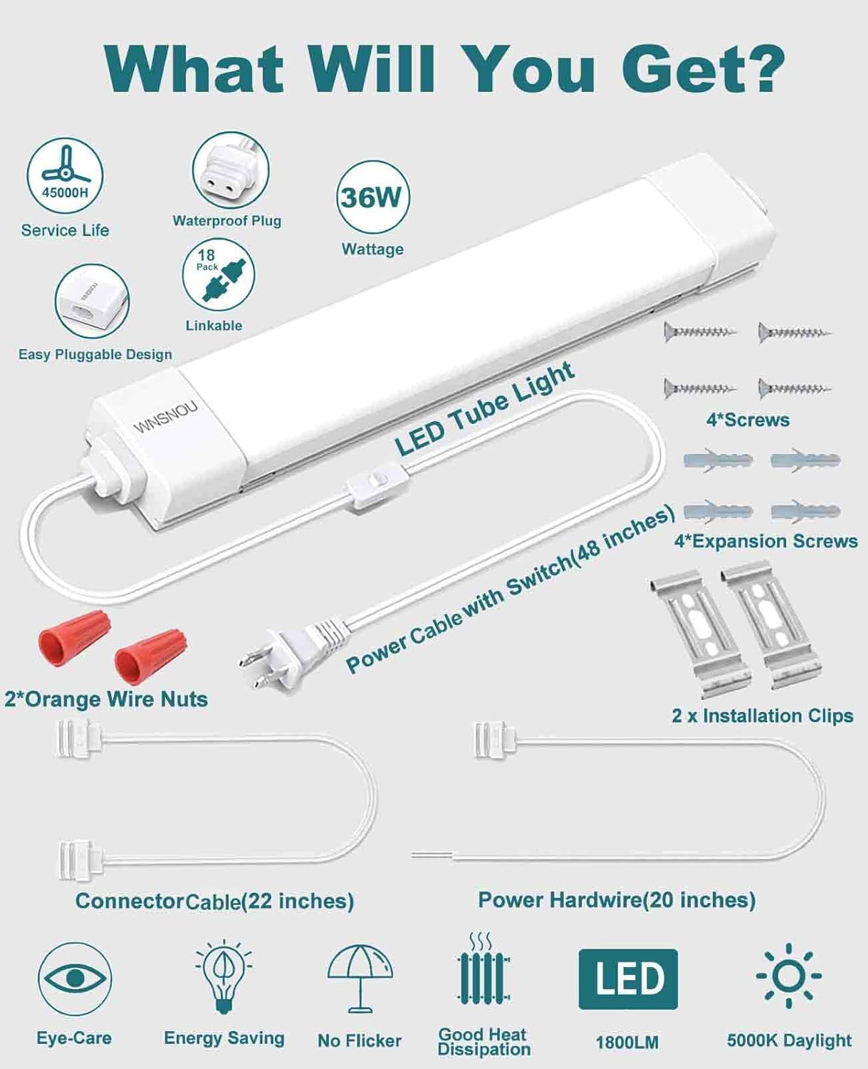 LED Tube Light Fixture with Plug, 1.4FT-2pcs 1800LM 5000K Utility Shop Light, Linkable Cabinet Light for Garage, Kitchen, Bathroom, Closet, Office - 1.4Ft, Triproof, White