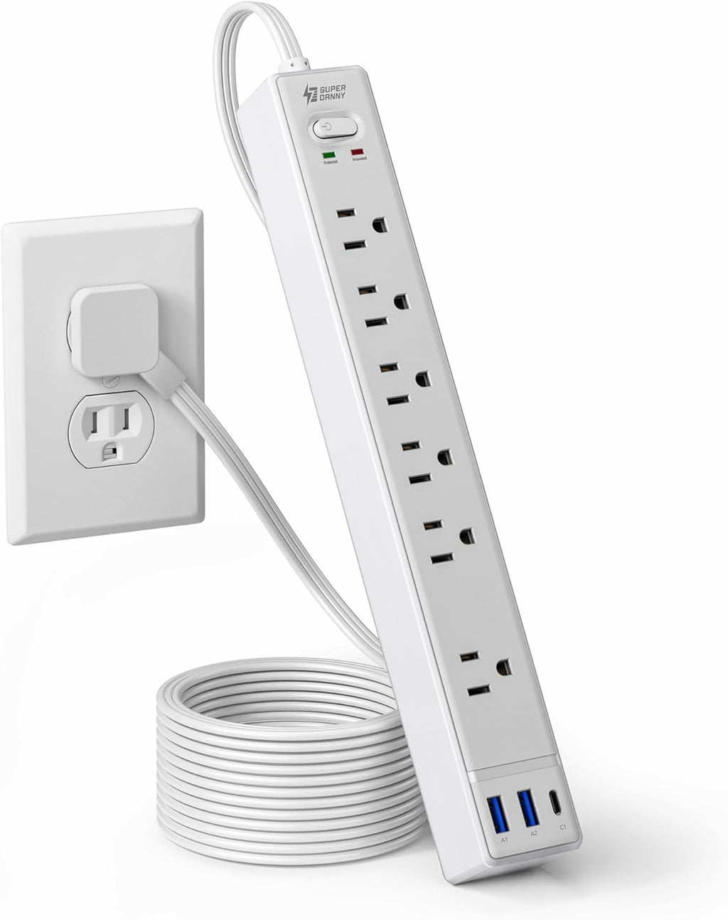 Flat Plug Surge Protector Power Strip, 6ft Ultra Thin Extension Cord with 3 USB, SUPERDANNY 6 Outlets Charging Station, Wall Mountable Outlet Extender for Home Office, College Dorm Room