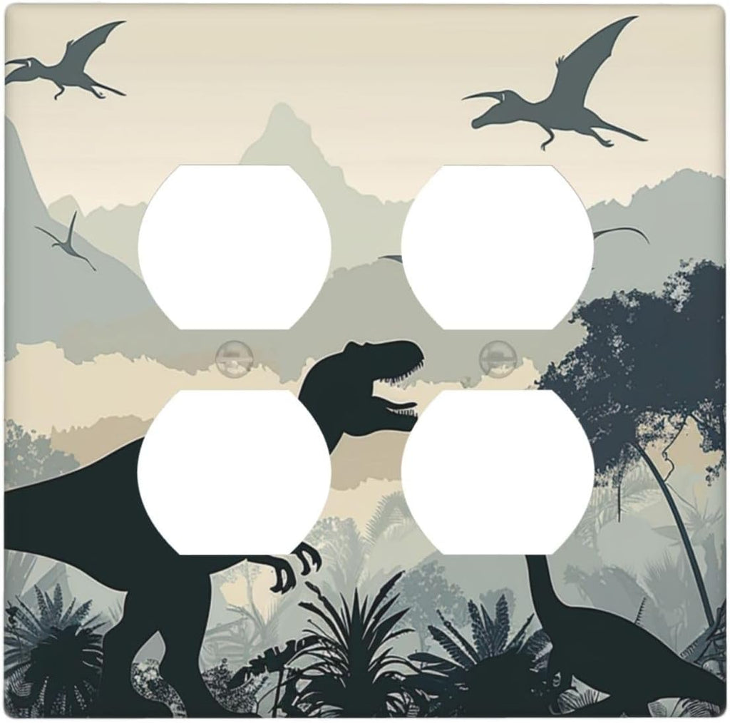 Outlet Covers Prehistoric World Dinosaur Cartoon Fores 2 Gang Double Duplex Decorative Light Switch Covers Electrical Wallplates Socket Faceplate for Kids Room Nursery Decor