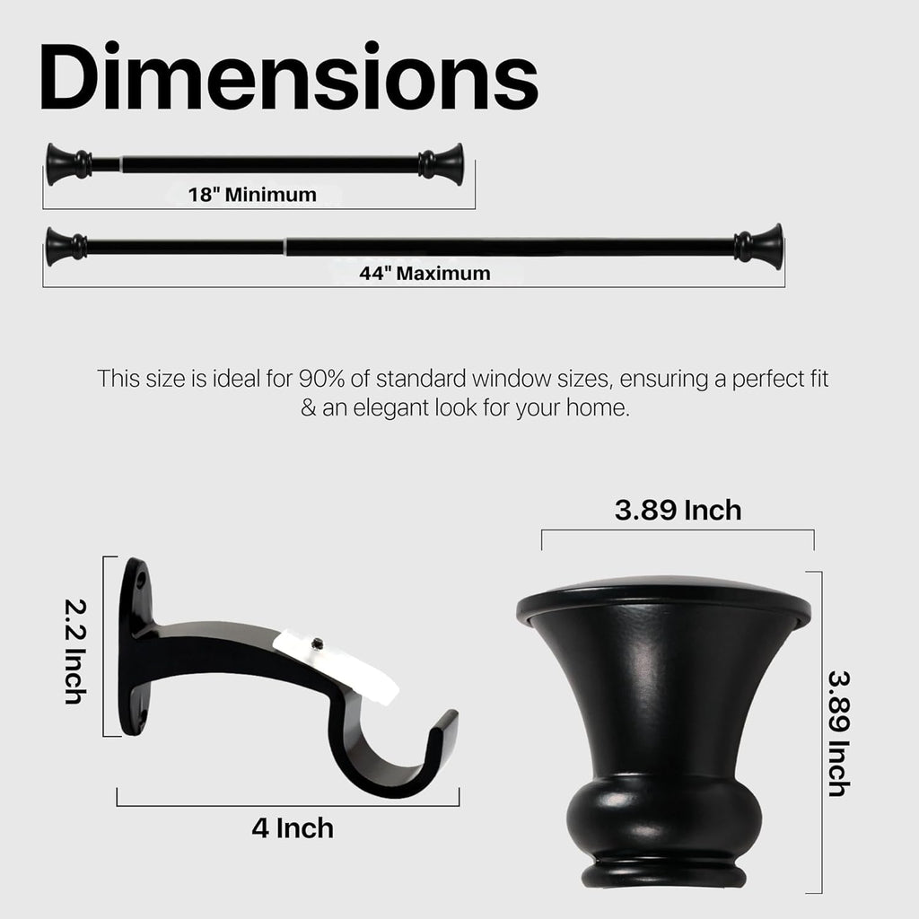 Deco Window Adjustable Curtain Rod for Windows 18 to 44 Inch (Pack of 1) Extendable Heavy Duty 1 Inch Iron Drapery Pole with Finials Wall Mounted French Door Curtain Rods (Black)