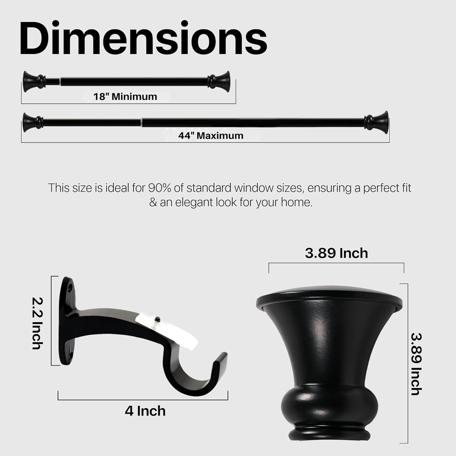 Deco Window Adjustable Curtain Rod for Windows 18 to 44 Inch (Pack of 1) Extendable Heavy Duty 1 Inch Iron Drapery Pole with Finials Wall Mounted French Door Curtain Rods (Black)
