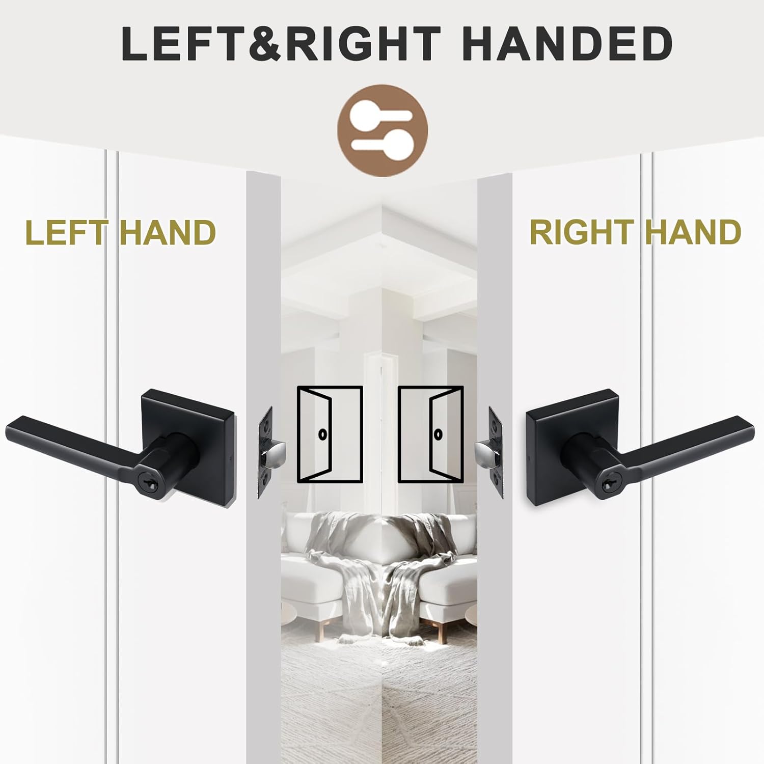 Keyed Entry Door Lever with Lock, Heavy Duty Square Interior Handle for Front Door and Office, Matte Black, Reversible for Right&Left Handed, 2Packs