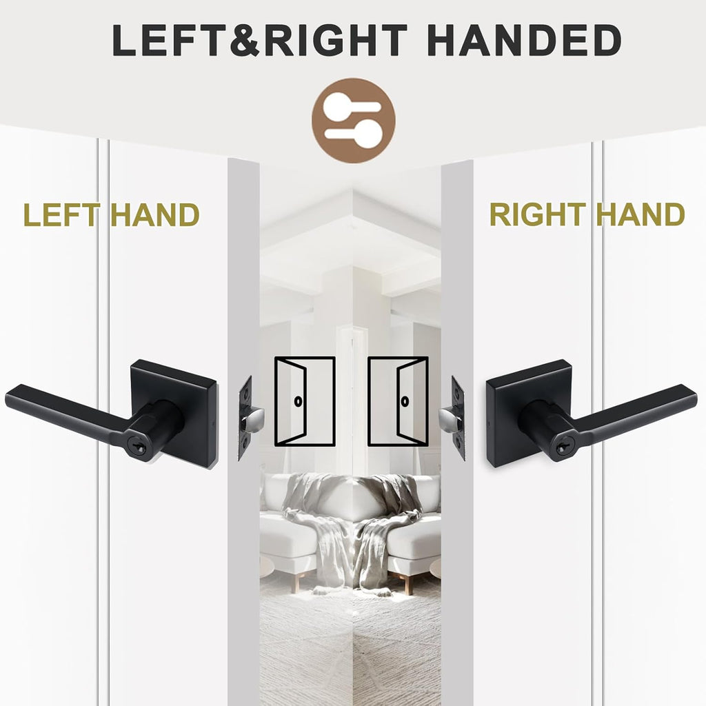 Keyed Entry Door Lever with Lock, Heavy Duty Square Interior Handle for Front Door and Office, Matte Black, Reversible for Right&Left Handed, 8Packs