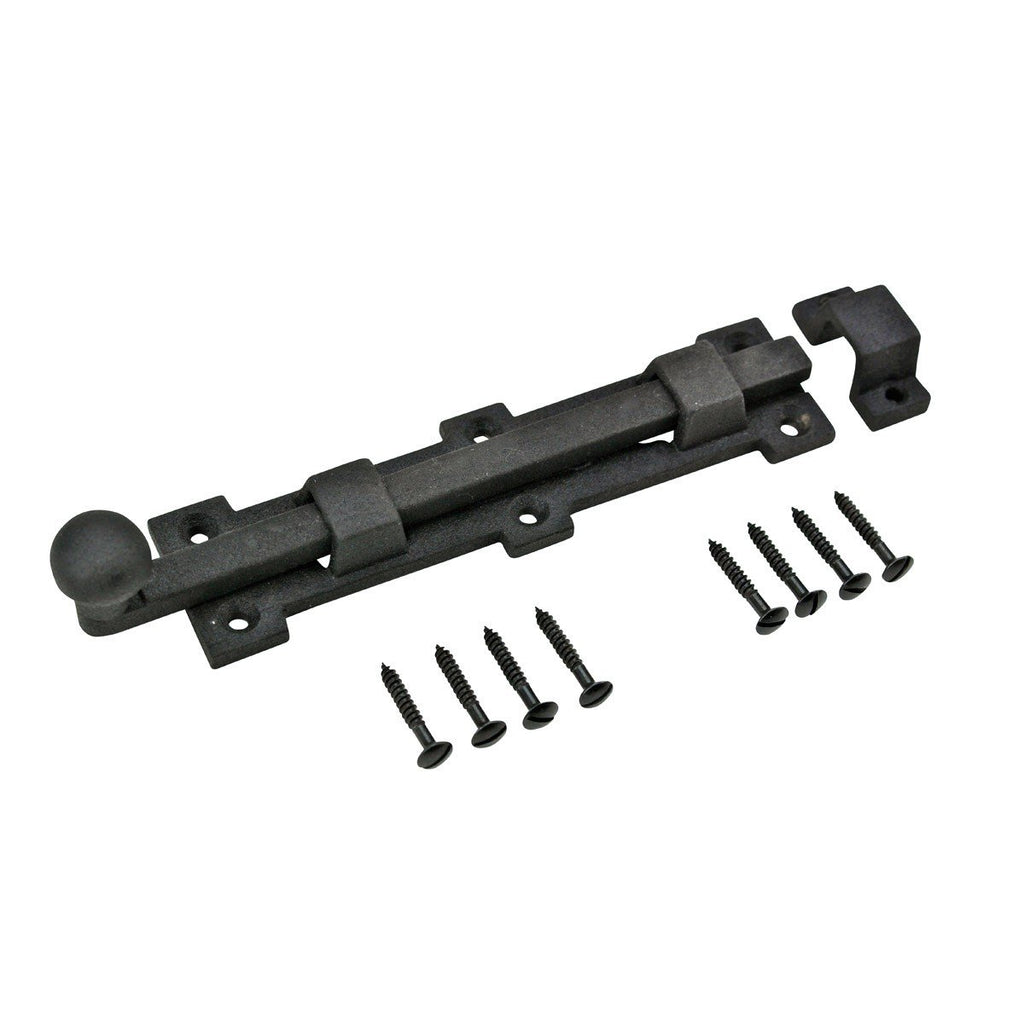 Renovators Supply Manufacturing Slide Bolt Latch 8 3/4 in. Black Wrought Iron Ball Tip Style Slide Bolt with Mounting Hardware