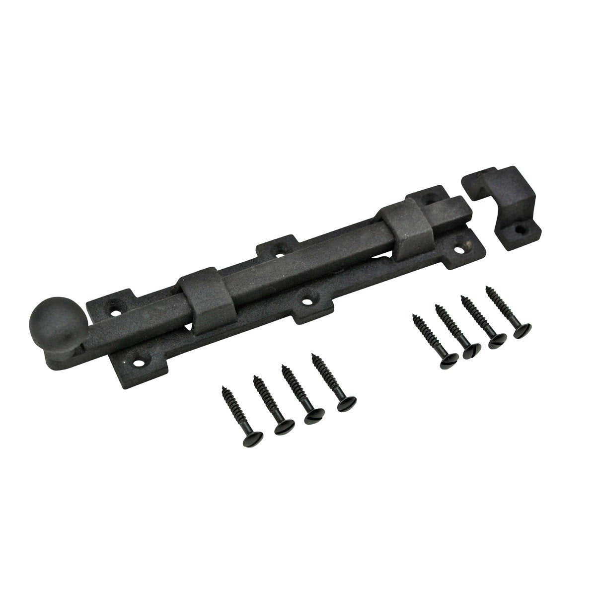 Renovators Supply Manufacturing Slide Bolt Latch 8 3/4 in. Black Wrought Iron Ball Tip Style Slide Bolt with Mounting Hardware