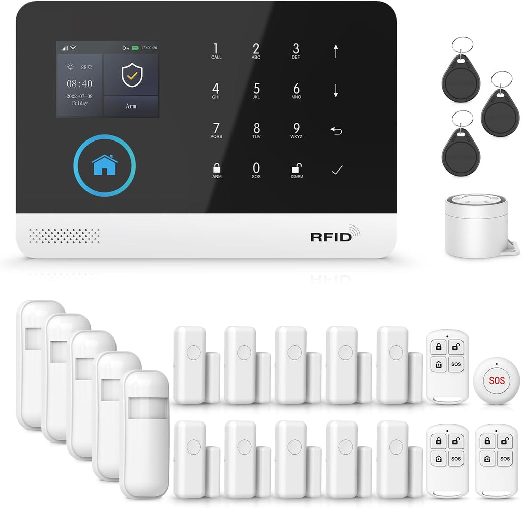 Wireless Home Security Aystem,24Pcs DIY Kit with Door/Window Sensors,Motion Sensors Detectors,SOS Button,Remote,APP Insta Alert Compatible with Alexa,for Smart Life or Tuya APP,NO Monthly Fees