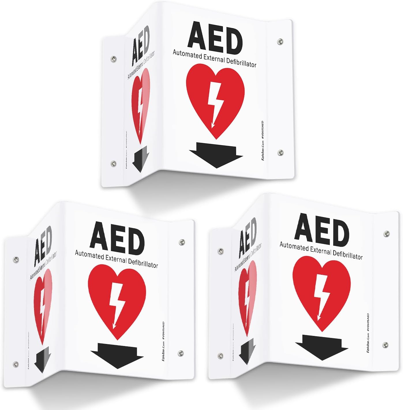 Faittoo AED Sign, AED with Down Arrow - 3 Pack 6 x 8 Inches V-Shaped Acrylic Plastic, 4 Pre-Drilled Holes, Includes Matching Screws, Use for Home Office/Business