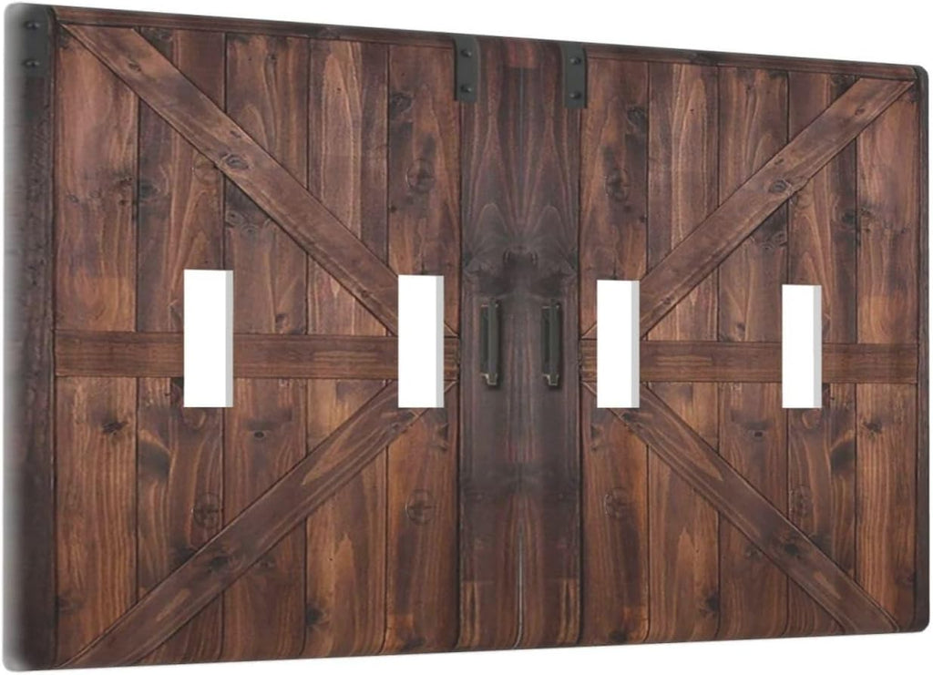 Decorative Light Switch Cover Plate Vintage Brown Farmhouse Barn Door 4 Gang Wall Plates for Electrical Outlets Quad Toggle Switch Plate Covers Outlet Covers Faceplate for Bedroom Home Decor