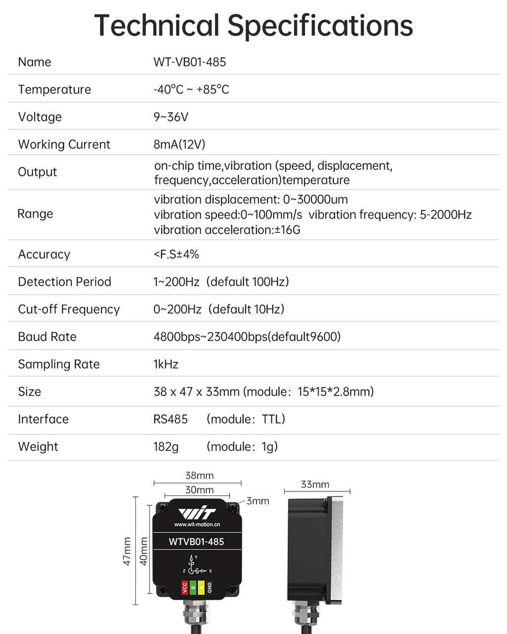 [RS485 Modbus Vibration Sensor] WTVB01-485 IP68 Waterproof Transducer Ar-Duino, 3-Axis Acceleration Angular Velocity Vibration(Amplitude+Frequency+Displacement+Speed) Detector, Motor Monitor Module