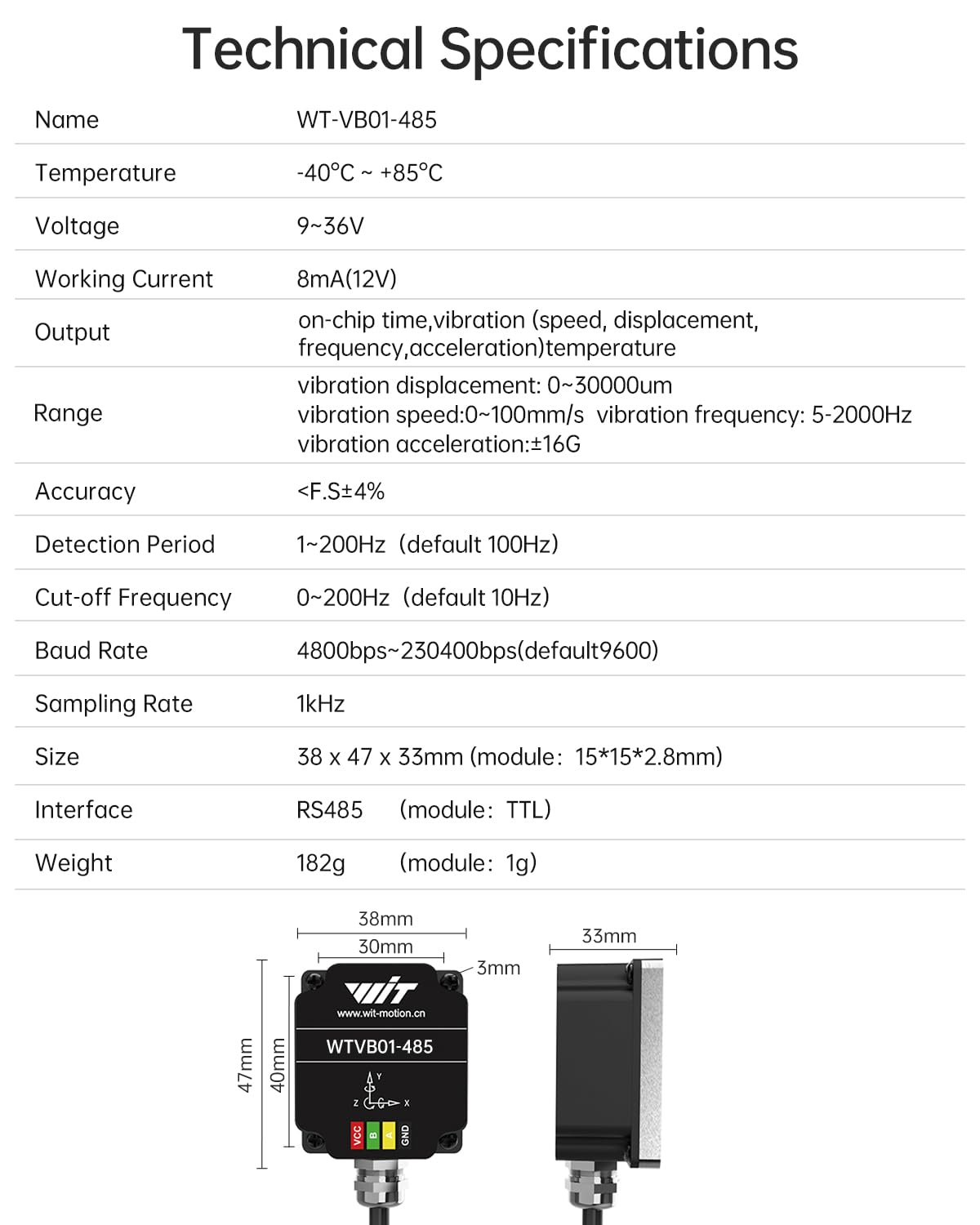 [RS485 Modbus Vibration Sensor] WTVB01-485 IP68 Waterproof Transducer Ar-Duino, 3-Axis Acceleration Angular Velocity Vibration(Amplitude+Frequency+Displacement+Speed) Detector, Motor Monitor Module