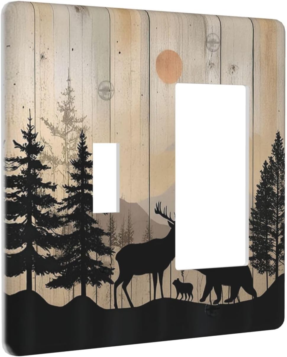 Outlet Covers Wood Board Wildlife Cute Bear Deer Forest Rustic 1 Toggle 1 Rocker Combination Decorative Wall Plate Electrical Switch Plates Light Switch Cover Plate for Bathroom Farmhouse
