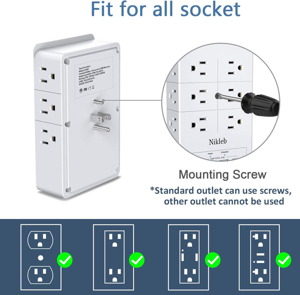 Surge Protector Nikleb 2-Pack, Multi Outlet Plug with 4 USB, Wall Charger Box Multiports Total 4.8A, Electrical Outlet Splitter, Plugs for Outlets Wall Mount, USB Power Adapter Low Profile