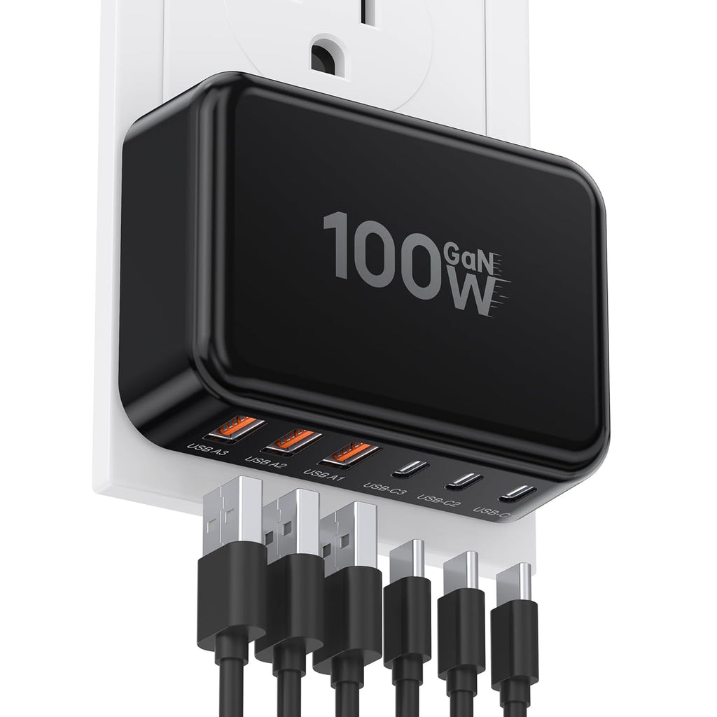 Fast Charger Block, GaN 6 Port USB C Charging Station Hub Cube, 100W Multiport Type C Wall Charger Power Strip Plug with PD 3.0+QC for iPhone 13 14 15 16 17 Pro Max XR XS 8 7, Samsung, iPad, Table
