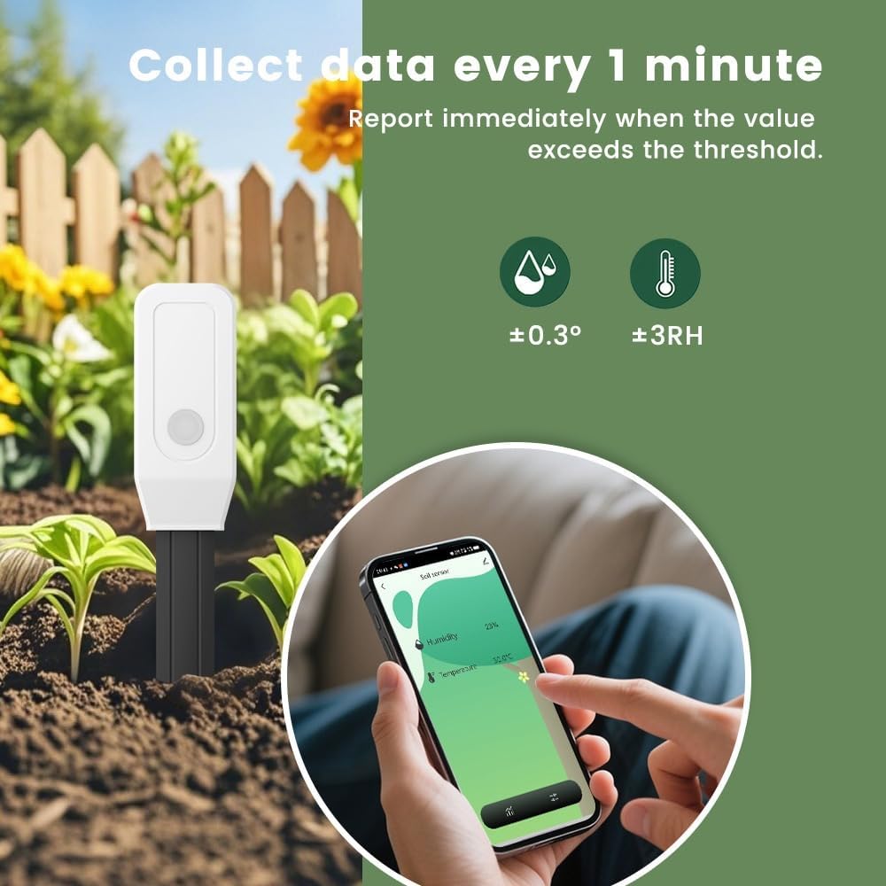 Zigbee Smart Soil Sensor, Temperature and Moisture Meter with Tuya App Control, Garden and Greenhouse Monitor