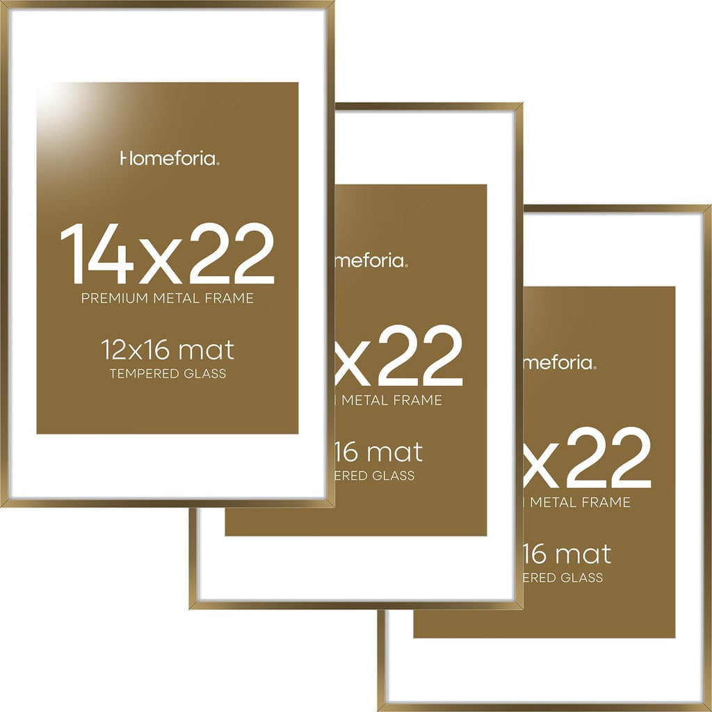 Homeforia 14x22 Picture Frame Bronze, High End Metal 14x22 Brass Poster Frames with Mat 12x16 for Photo, 14 x 22 Frame Matted to 12 by 16 Print, 22x14 Hanging Frame, Tempered Glass, Wall Kit, Set of 3