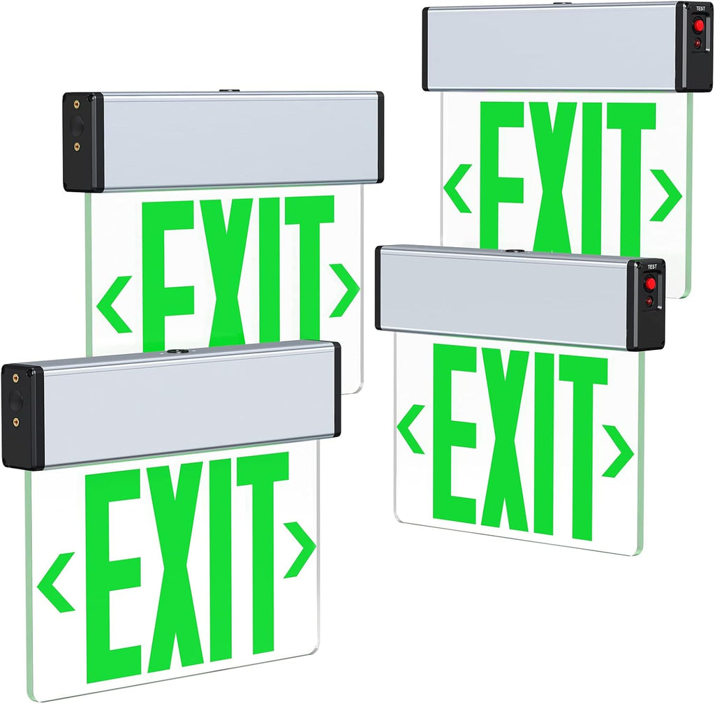 Green LED Edge Lit Exit Sign Brushed Aluminum Housing, UL Listed Emergency Exit Signs Single Sided Clear Acrylic with Battery Backup, AC 120-347V Hardwired Exit Lights, Top/Side/Wall Mount (4 Pack)