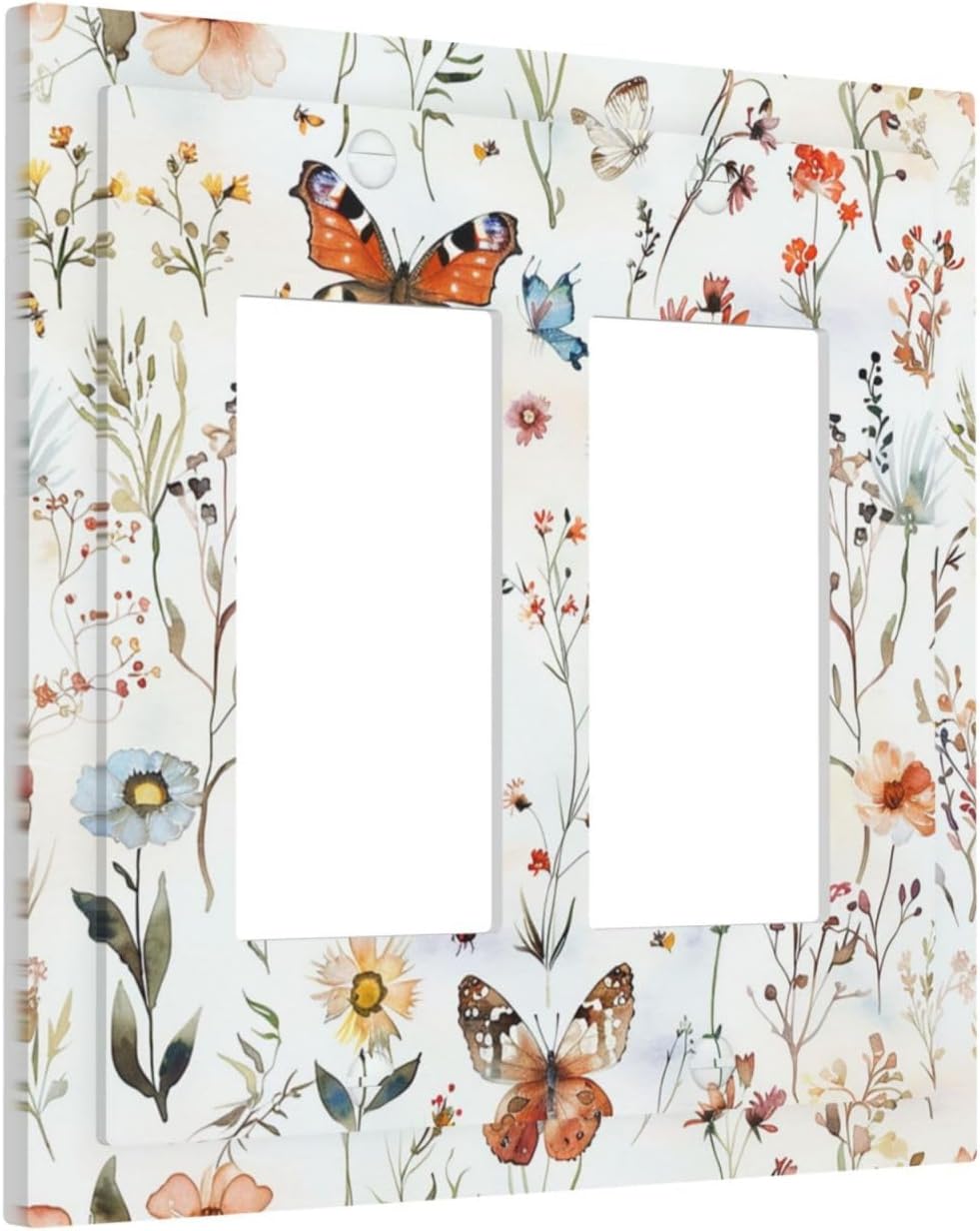 Decorative Outlet Covers Butterfly Floral Boho Multicolor Flower Leave 2 Gang Double GFCI Rocker Electrical Wall Panels Light Switch Cover Plate for Bed Room living Room Decor