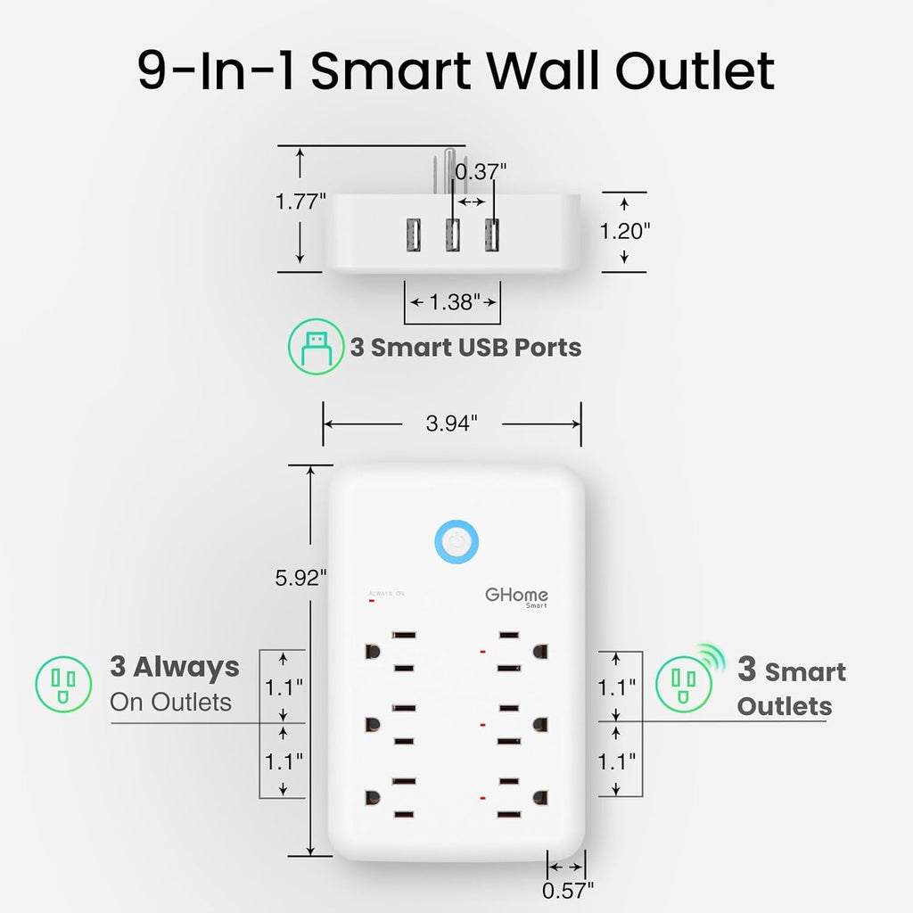 GHome Smart Plug Outlet Extender, USB Wall Charger with 3 Individual Smart Outlets and 3 Smart USB Ports, Works with Alexa Google Home, Surge Protector Plug Extender for APP Control,15A/1800W