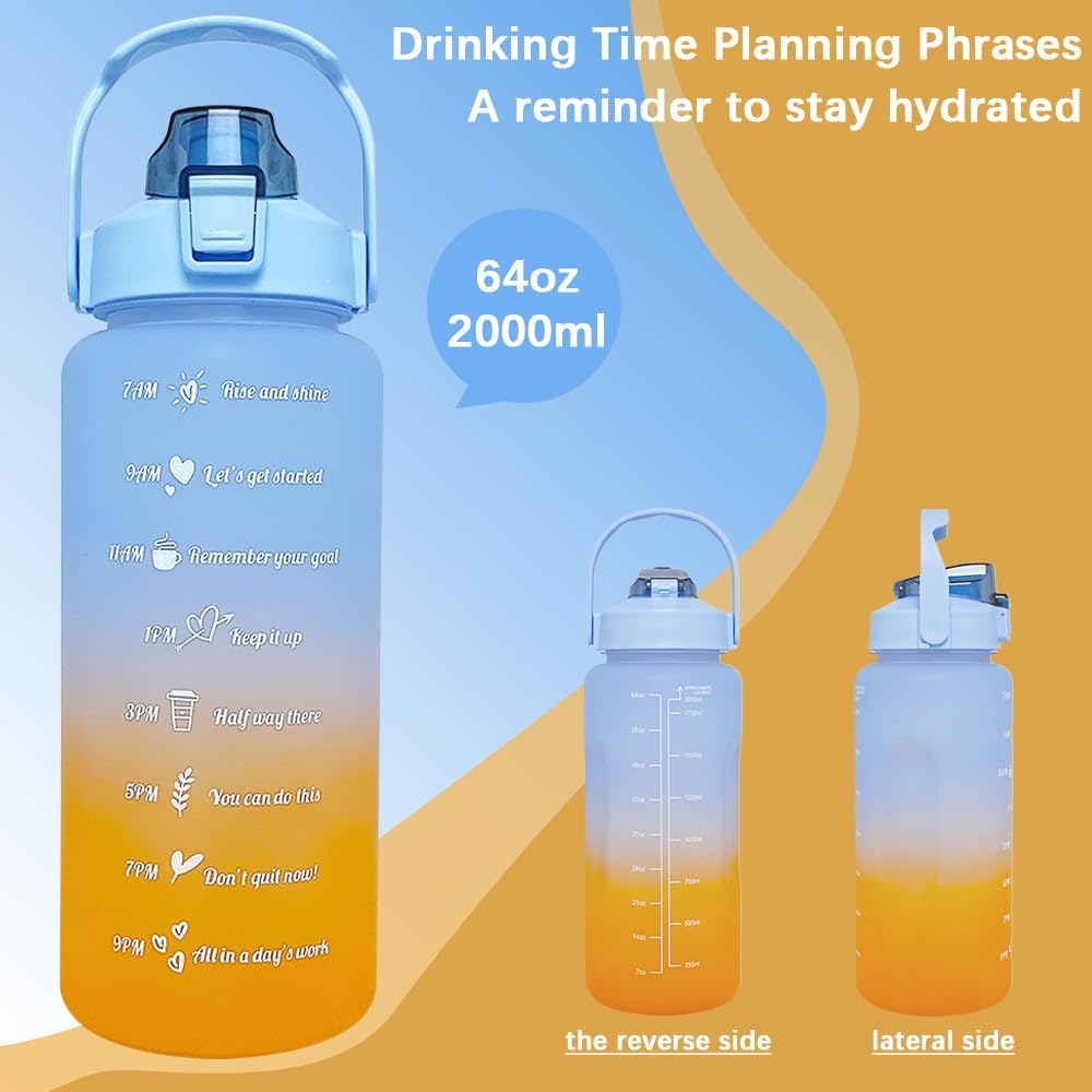 64 oz Large Capacity Water Bottle with Motivational Time Markers and Straw, Portable, Leakproof, BPA Free for Fitness, Gym and Outdoor Sports. (blue gradient)
