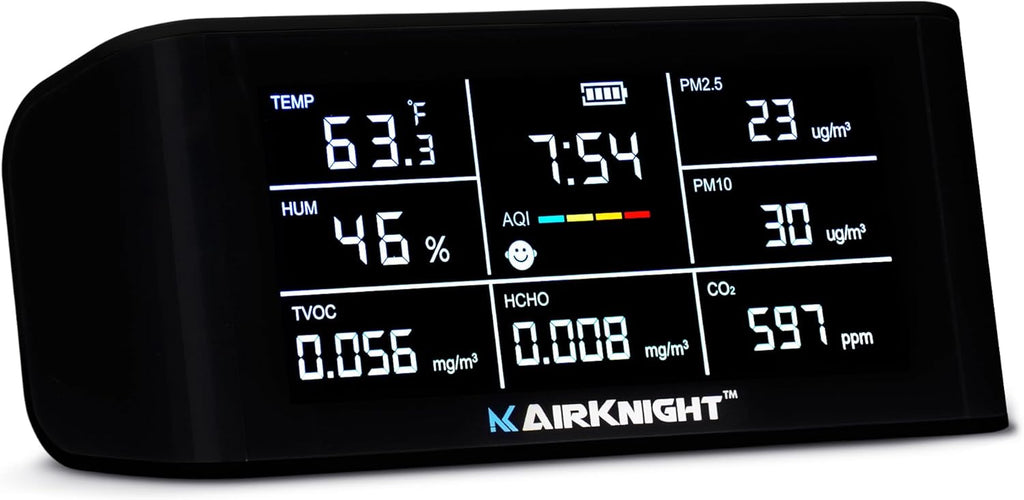 AirKnight Premium Indoor Air Quality Monitor Indoor & Air Quality Sensor. VOC detector, CO2 Monitor, Formaldehyde Detector HCHO, AQI, PM2.5, PM10 Temperature Humidity Air Monitor AQI CO2 Meter Gas Off