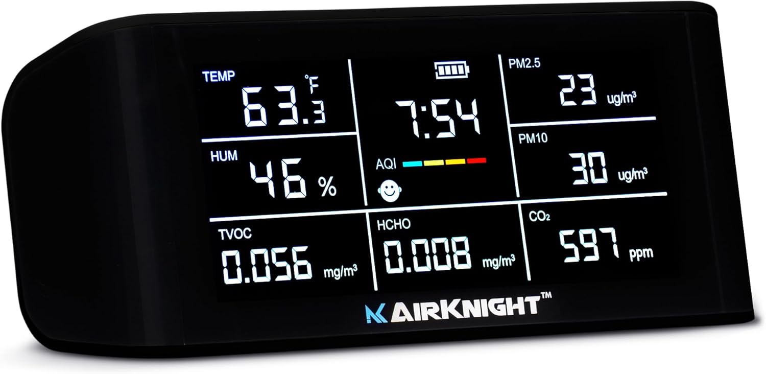 AirKnight Premium Indoor Air Quality Monitor Indoor & Air Quality Sensor. VOC detector, CO2 Monitor, Formaldehyde Detector HCHO, AQI, PM2.5, PM10 Temperature Humidity Air Monitor AQI CO2 Meter Gas Off